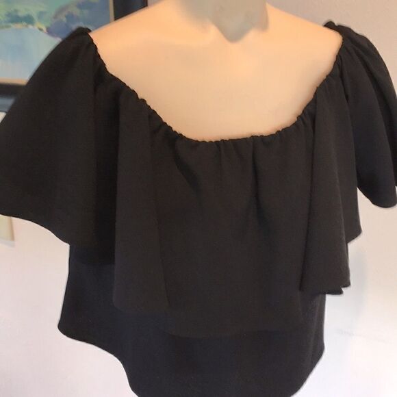 Rachel Roy classic crepe crop top ruffle off the shoulder elastic black medium - Picture 1 of 6